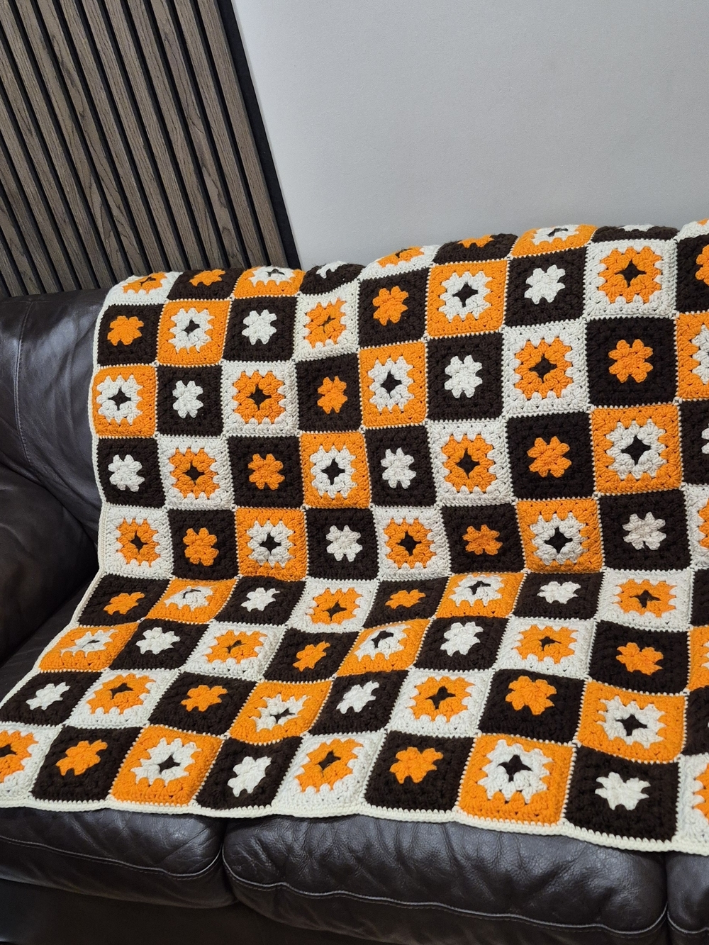 New Handmade Crochet Granny Square Blanket in Orange, Brown & Cream